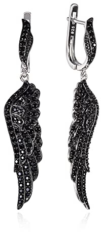 Namana Pendientes de Alas de Ángel para Mujer y Niña - Plata de Ley 925 Con Piedras Blancas o Negras - Elegantes Pendientes Largos Colgantes Con Caja