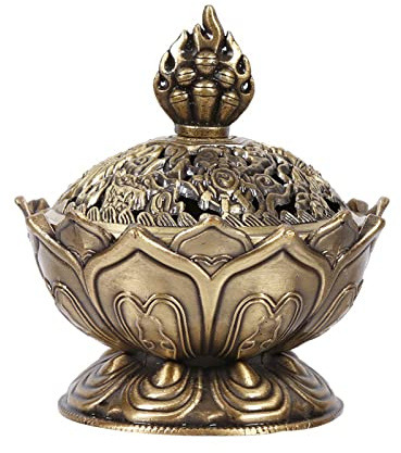 Vintage Backflow Incense Burner Bowl, Lotus Incense Holder Charcoal Censer Ash Catcher Stick Cone Reel Incense for Powder Cone or Coil Incense (Bronze)