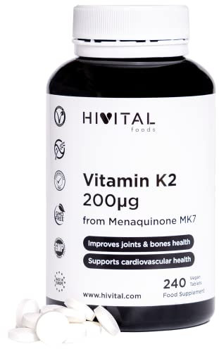 Vitamina K2 MK7 200 mcg. 240 compresse vegane di Vitamina K per 8 mesi di trattamento. 200 mcg di Vitamina K2 Menachinone MK-7. Prodotto in Europa da HIVITAL