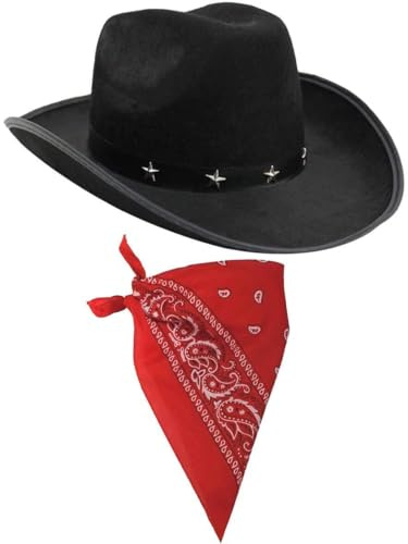 I LOVE FANCY KLÄNNING cowboyhatt & cowboy halsdukstillbehör. Svart stjärnprydd cowboyhatt och vit bandana. Vilda västern sheriff. Förpackning med 1 | bandana färg: paisley röd
