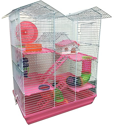 Pink Large Twin Tower 5-Levels Crossing Level Tube Habitat Syrian Hamster Home Rodent Gerbil Mouse Mice Rat Wire Animal Critters Cage with Hide House Running Wheel Food Dish Water Bottle Deep Base