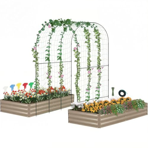 DTIG Galvanized Raised Garden Bed with Trellis, 6×3×1 FT 2 Pack Outdoor Garden Bed, Upgraded 4×3 Support, Brown