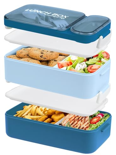 HENSHOW Bento Box Erwachsene Lunch Box, 2 Schicht Auslaufsicher Bento Imbiss Box Set, Niedlich Bento Box Lunch Containers, Mikrowellengeeignet, BPA-frei, Blau