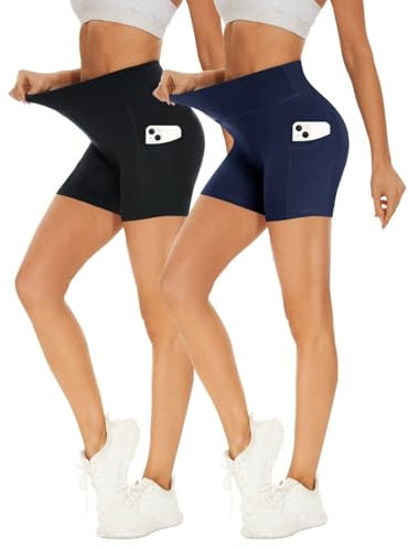 Missluck 2er Pack Radlerhose Damen Hohe Taille Kurze Sporthose Shorts Sommer Leggings Blickdicht Hotpants Unter Kleider für Yoga Sport, S-M, Schwarz/Marineblau-mit Taschen