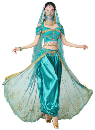 ELLYDOOR Costume de princesse Jasmine arabe, robe de Halloween avec haut et pantalon, 4 pièces