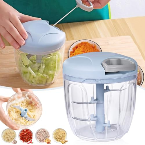 NIUAWASA Tritatutto Manuale, 900ml Mano Cibo Trituratore a Corda Facile Pulizia Verdure Robot da Cucina con Lame in Acciaio Inox Affettatrice Dicer Grinder per Cipolle Aglio Noci (Blu)