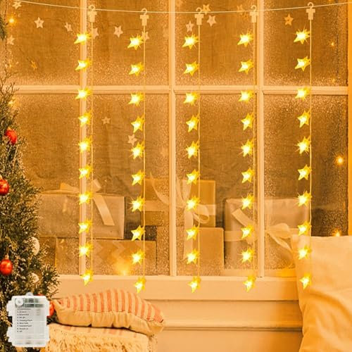 Star Curtain Fairy Lights Battery Powered 1m x 1m 50 LED Christmas String Lights Outdoor Star Lights Waterproof & 8 Modes for Windows, Bedroom, Party, Indoor, Outside Decorations (Warm White)