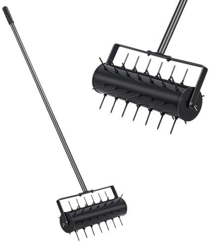 toxaaiwr Aeratore rotante per prato, giardino, cortile, strumento manuale per aerazione del prato, resistente, con manico in metallo, strumento di aerazione per prato, prato, cortile, nero