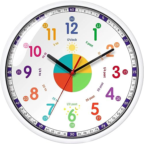 EMITDOOG Horloge murale pour enfants, adorable horloge murale silencieuse sans tic-tac colorée pour filles et garçons, chambre d'enfant, salle de classe, salon, 30,5 cm