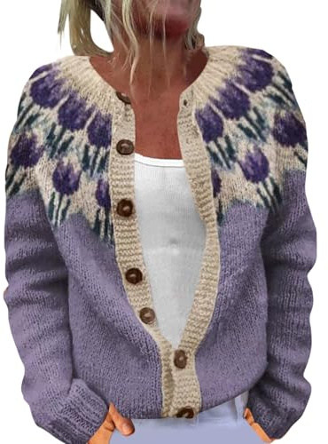Cardigans for Women UK Vintage Fair Isle Sweaters Lightweight Open Front Cardigan Casual Long Sleeve Button Down Sweaters Ladies Loose Comfy Coat Autumn Winter Outwear for Everyday Wear