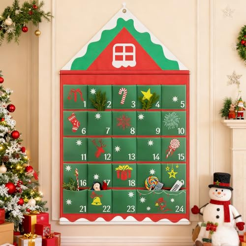 MaxEarn Christmas Empty Advent Calendar to Fill Yourself, Reusable Christmas House Fabric Advent Calendar 2025 with 24 Pockets, Wall Door Hanging Bag for DIY Home Holiday Countdown to Xmas Decor