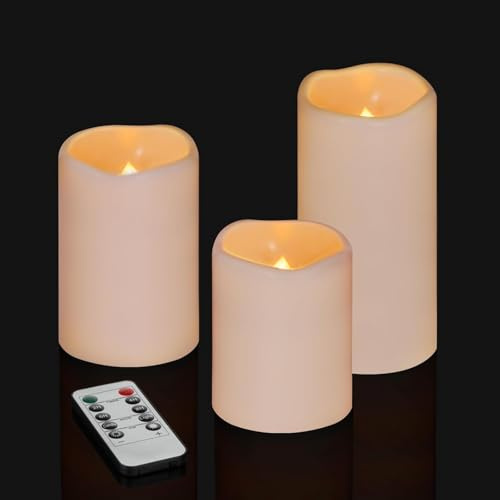Aku Tonpa 3 Pack Ivory Flameless Candles Set 4 5 6 Outdoor Indoor Pillars 3 Diameter Battery Operated Flickering Candles Include 10-Key Remote Timer Function 400+ Hours