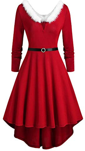 Bkazwe Robes de Noël pour Femmes Fille Manches Longues - Vintage Velours Mère Noël Longue Cocktail Soirée - Manteau Costume Lutin Carnaval Fête Party Costume Père Cosplay Festif Strapless Robe