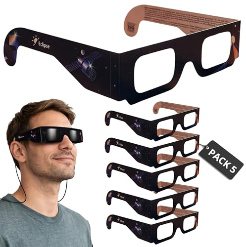 SUUM co. Gafas Eclipse Solar Homologadas - Gafas Certificadas ISO 12312-2 y CE Observación Solar Segura - para Ver el Sol - Especiales Eclipse 12 de Agosto de 2026 (Pack 5 unidades)