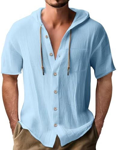 QXQLSH - Camisa de lino para hombre, con botones, manga corta, con capucha, informal, ligera, para verano, playa, transpirable, cómoda