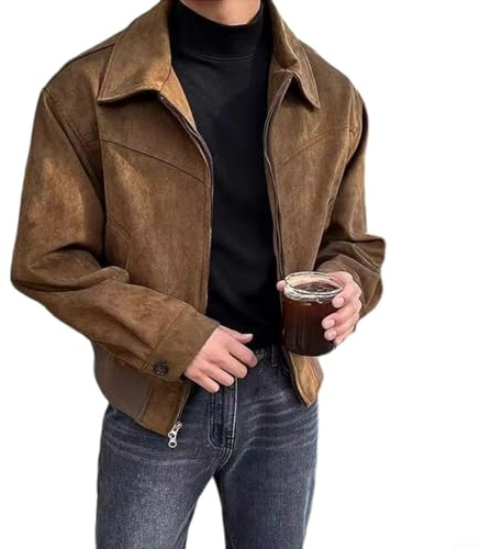 Veste en daim pour homme Vintage Cropped Col Revers Coupe ample Printemps Manteau décontracté Style Maillard pour les vacances Quotidien pour les loisirs Noir (L Marron)