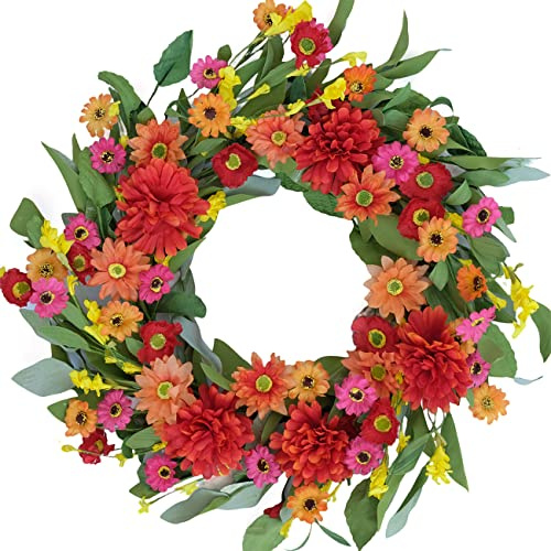Idyllic 20 Inches Spring Wreath for Front Door, Bright Floral Wreath- Artificial Colorful Daisy and Green Leaves Wreath for Summer Indoor Decor