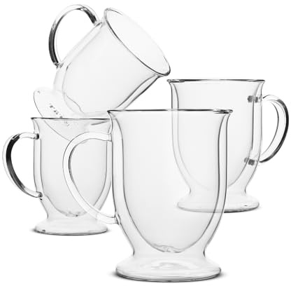 BTaT- Double Walled Glass Coffee Mugs, 16 oz, Set of 4, Glass Coffee Cups with Handle, Insulated Clear Coffee Mug for Hot and Cold Beverages, Cappuccino, Latte, Tea, Americano, Microwave Safe