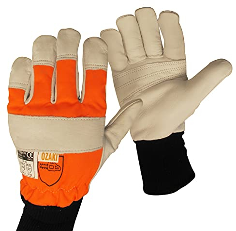 OZAKI - Gants Tronçonneuse - Gants Demi-Saison Spécial Travaux de Tronçonnage - Protection Dos de la Main Gauche - Taille 11/XL, Orange-beige