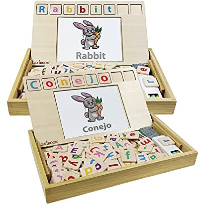 LEXIBOOK, Bio Toys, Escuela de Palabras, bilingüe español/inglés, Juego de Madera, 50 Tarjetas de Palabras, Alfabeto, Juego Educativo, EDU100i2