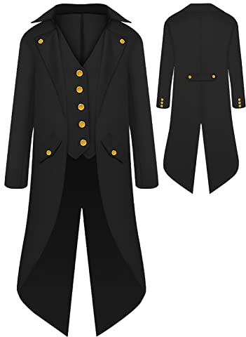 AIEOE - Giacca Steampunk da uomo, smoking gotico, casacca medievale, frac, vittoriana, rinascimentale, pirata, vichingo - Bambino - Nero-1-145