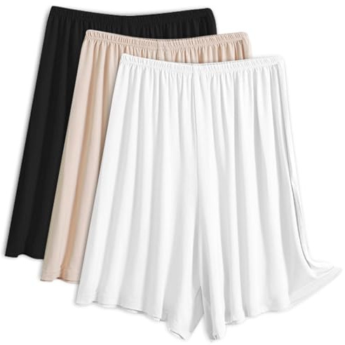 EYNDYN 3 Pack Women's Half Slip Shorts for Under Dresses Pettipants Half Slip Culotte Shorts Split Skirt, Skin,black,white, Medium