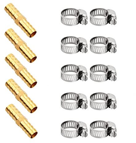 FESSOSKO 5 Raccords de Tuyau en Laiton de 10mm Droits avec 5 Pinces Raccord de Durite Droit 2 Voies, Connecteur de Tuyau en Laiton pour Conduite d'air, Conduite d'eau, Conduite de Carburant