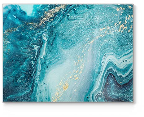 DEQORI Tabla de cortar de cristal, grande, 40 x 30 cm, diseño de mar de mármol, placa de corte para cocina, antibacteriana y antideslizante, placa de cristal y bandeja para servir