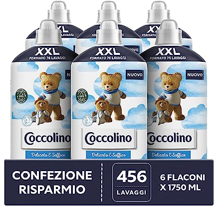 Coccolino Ammorbidente Concentrato Delicato e Soffice, Ammorbidente Lavatrice Ipoallergenico e Dermatologicamente Testato, Formato XXL Fino a 456 Lavaggi, 6 Pezzi da 1750 ml