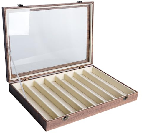 MEETOZ Jewellery Necklace Organiser Stand, Grey Velvet Necklace Jewellery Organise Storage Display Case Vintage wood grain leather Box Tray with 10 lattice and Lockable Glass Lid,for Necklace.