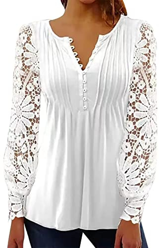 Kobilee Maglia Elegante Donna Curvy Scollo a V Top Camicia Leggera Cotone Camicette Cerimonia Invernali Bianca Blusa Taglie Forti Manica Lunga in Pizzo Comode Maglie
