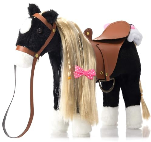 BEJOY Juguete de caballo de peluche, caballo de peinar caballo de peluche juguete de peluche con silla de montar, brida y paño de algodón, juego de simulación regalo de caballo para niñas niños, 28cm