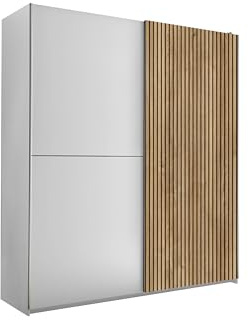 AVANTI TRENDSTORE - Ciorlano - Armadio con 2 ante scorrevoli in legno laminato di colore bianco opaco con inserto di quercia lamellare, molto spazioso ed elegante. Dimensioni LAP 170x195,5x59cm.