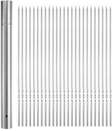 QUARKZMAN 100 unidades de Brochetas de Metal para Barbacoa 40cm x 3.5mm Palitos Planos de Acero Inoxidable Reutilizables para Barbacoa al Aire Libre con Tubo de Almacenamiento