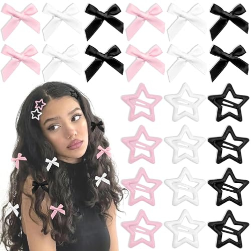 YAEISM 24PCS Bow Hair Clips - 3 Colors Satin Mini Hair Bow Clips Y2K Star Barrettes Bowknot Metal Snap Hair Accessories for Women Girls, Black