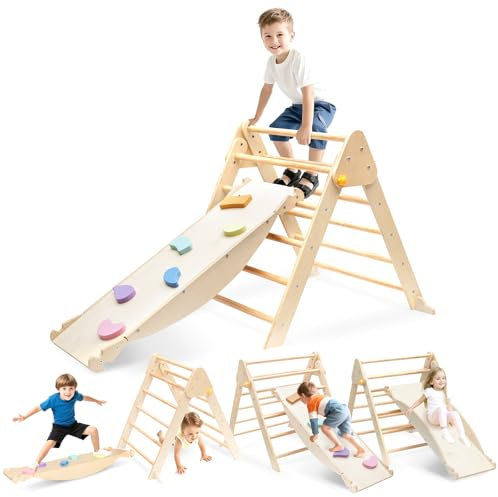 5 in 1 Klettergerüst Indoor Kinder Montessori Kletterdreieck mit Rutsche, Holz Klettergerüst Set mit Klappdreieck Leiter