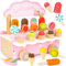Eisdiele Kinder Holz, 3-in-1-Spielküche Zubehör mit EIS, Spielzeug ab 3 Jahre, Eisdiele Kinder Holz mit Aufbewahrung, Eisständer Kaufladen Rollenspiel, Kinderküche Montessori Geburtstagsgeschenke