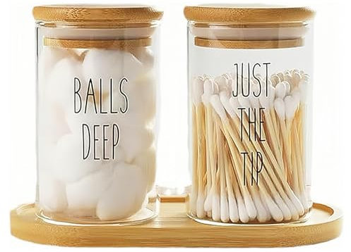 VKTY Glass Cotton Bud Holder with Bamboo Lid, 10oz Bathroom Jar Canister for Cotton Ball Qtip Storage, Vanity Storage