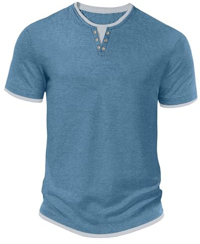Hisir Mens T Shirt Summer Henley Short Sleeve Regular Fit Round Neck Casual Tops Classic Color Block Tee Shirts