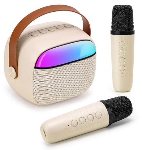 Funsland Karaoke Maschine Kinder mit 2 Mikrofon - Karaoke Mikrofon Kinder mit LED & Stimmeffekten, Geburtstag/Weihnachten Geschenk Spielzeug Junge Mädchen 3-18 Jahre (Beige)