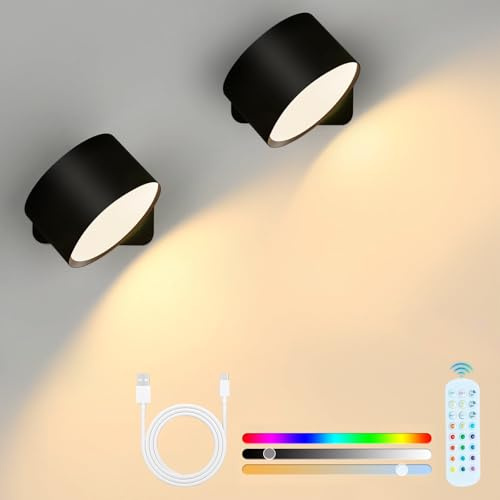 Yeelan Lampada da parete a LED per interni, 2 pezzi, lampada da parete con batteria, 16 colori RGB, 10 dimmerabili, 3 temperature di colore, touch e telecomando, girevole a 360°, senza fili, per