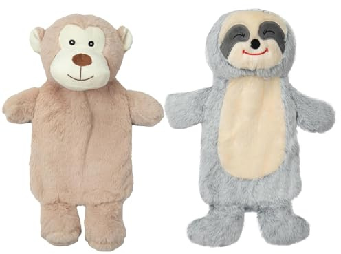 A2Z 2 Pack Hot Water Bottles 3D Animal Soft Plush Fleece Cover 750ML Durable Leak Proof Rubber Bottle Pain Relief Neck Back Shoulder Warmer Cosy Nights Sofa Bedtime Heat Therapy