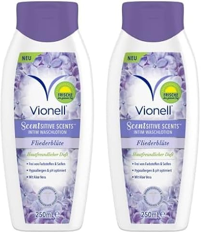 Vionell Intimwaschlotion Frauen Scentsitive Scents, Mit Aloe Vera, Ganztägige Frische, Hypoallergen, Fliederblüte Duft, 250 ml (Packung mit 2)