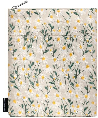 Dadanism Custodia Margherite per Libri con Cerniera, Custodia Protezione, Regali per Amanti del Libro con Tasca Frontale per Copertina Rigida in Brossura, Regalo Perfetto per Insegnanti Lettori, Beige