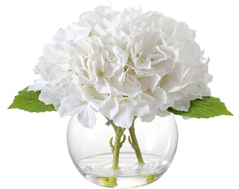 Wenhuidr Artificial Hydrangea with Fake Water in Vase, Real Touch Faux Flowers, Silk Fake Hydrangea Flower Arrangement with Faux Water for Home Office Bathroom Wedding Table Centerpiece Decor(White)