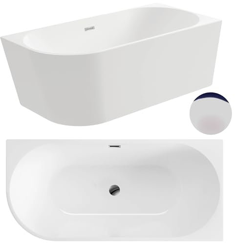 Aquauno - Baignoire d'angle autoportante à droite - 160 x 80 cm - Ovale - En acrylique sanitaire de qualité supérieure - Baignoire en acrylique avec bonde clic-clac, trop-plein, couvercle et bonde
