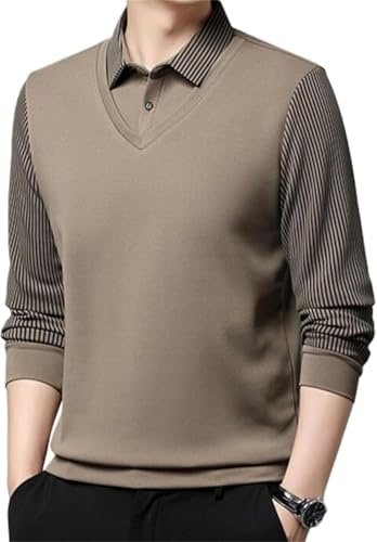 Hommes Rayé Revers Faux Deux Pièces Chemise Manches Longues Faux Deux Pièces Revers Manches Longues Tops Automne, kaki, M