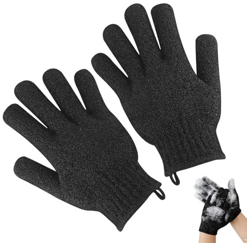 1 a Pair Exfoliating Gloves - Bamboo Shower Gloves - Bath and Body Exfoliator Mitts - Scrubs Away Ingrown Hair and Dead Skin - for Shower, Spa, Massage and Dead Skin Cell Remover - Black