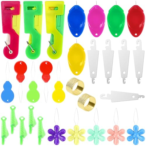 JAXICREY 30 Pcs Needle Threaders Hand Sewing, Colorful Automatic Needle Threader Tool Plastic Stainless Steel Needle Threaders Hand Sewing for DIY Craft, Cross Stitch, Mending Clothes, Embroidery