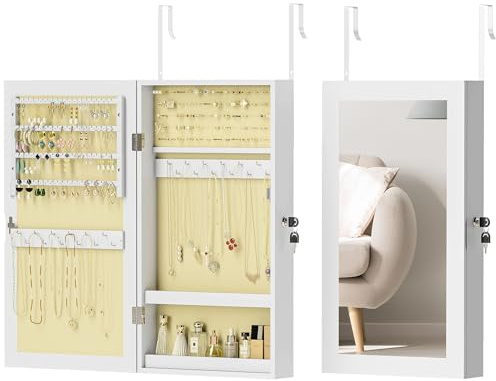 HOMCOM Wall-Mounted Jewelry Cabinet with Mirror, Over Door or Wall, White